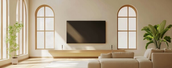 Minimalist, scandinavian home interior design of modern living room with beige sectional sofa near arch windows against stucco wall with tv.
