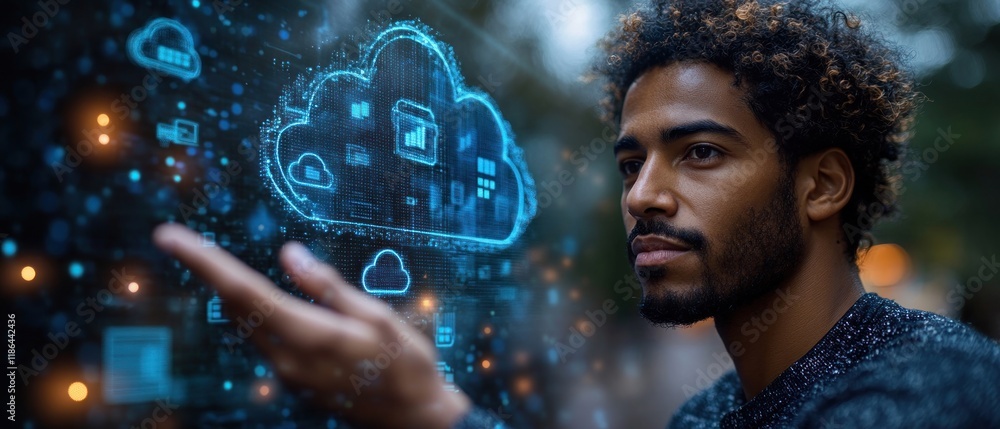 Aufkleber cloud computing and innovation: a man interacting with a futuristic cloud interface
