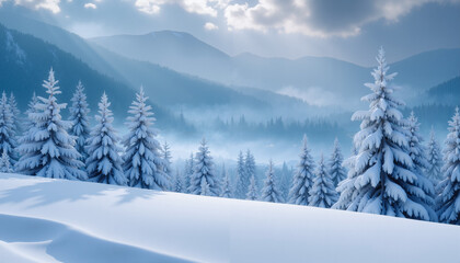 This photo presents a tranquil winter snowscape. 
