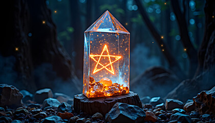 Magical crystal with a fiery pentagram inside, sacred design, in a mystical forest setting, representing magic and tranquility