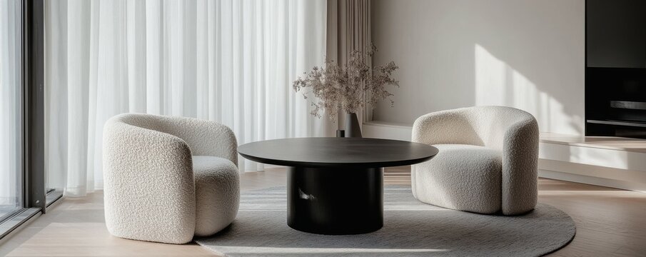Minimalist, scandinavian home interior design of modern living room. Stylish sitting area with white boucle chairs around black round table, surrounded by natural light and minimalist