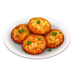3D Cartoon Icon of Aloo Tikki on White Plate with Green Garnish in Bright Style
