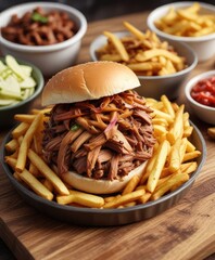 A delectable BBQ pulled pork sandwich placed on top of a bed of fresh cut fries in a shallow bowl, appetizer, cuisine