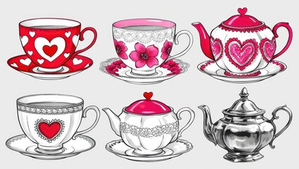 Fototapeta premium Romantic Teacups and Teapots Red Pink Floral Silver Tea Set Illustration