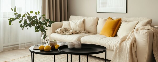 Minimalist, scandinavian home interior design of modern living room. Refined living space with cream sofa and armchair, central black table and serene ambiance accented by soft, neutral decor.