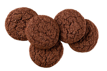 Chocolate brownie cookies with cracks isolated, top view. Round oatmeal cookies isolated on a white background , top view.