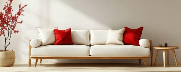 Minimalist, scandinavian style home interior design of modern living room. Boucle white couch with red and cream accent pillows is paired with a natural wood coffee table