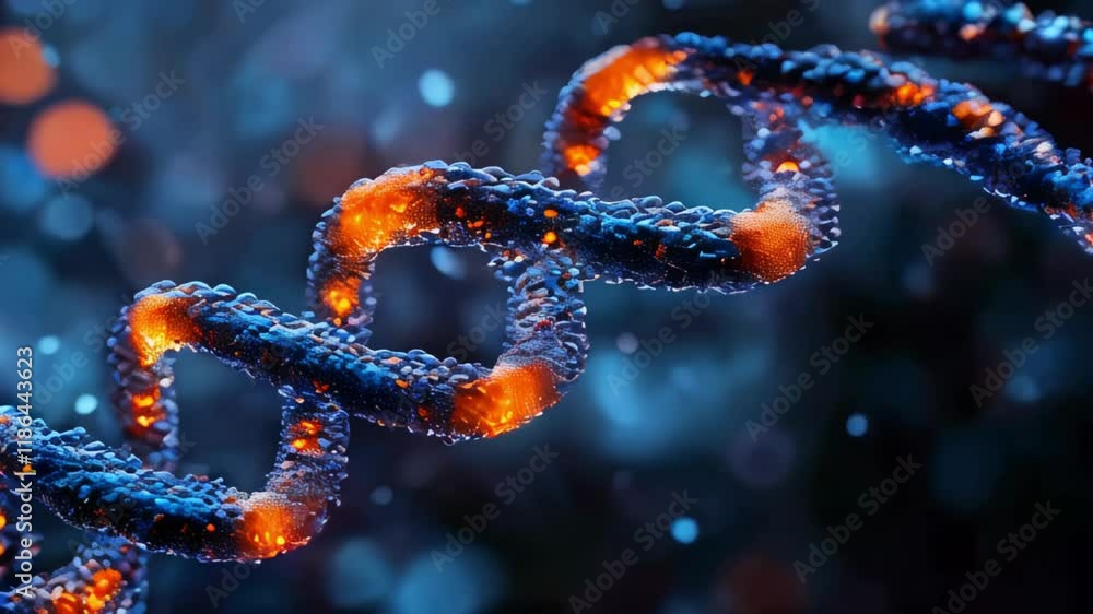 Poster the dna molecule. a double helix is depicted as a dark gray or black object consisting of many small