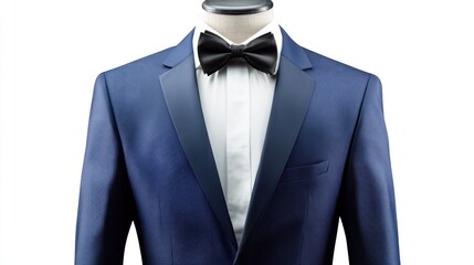 Navy blue tuxedo with black bow tie on mannequin.