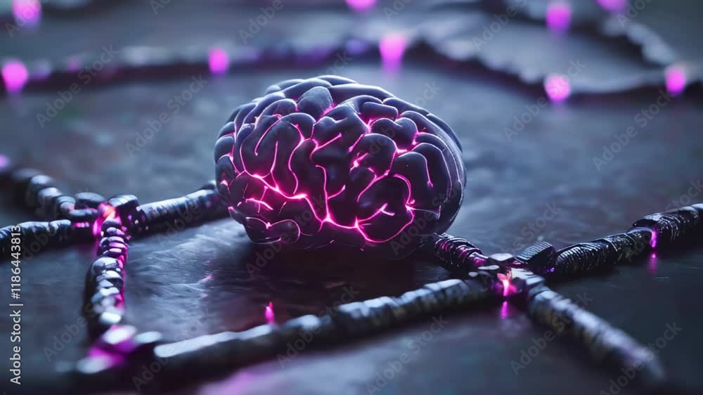 Poster the human brain is almost black in color, pink glows are visible inside it, which emphasize its comp