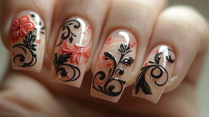 Close-up of intricately designed nail art with delicate patterns, captured in high-definition quality, against a smooth, simple background.