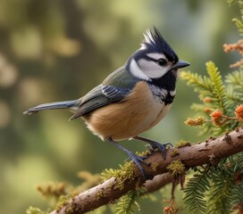 Obraz premium A Crested Tit perched on a branch near the peanut feeder, tit species, woodland bird, forest habitat