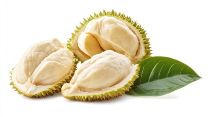 Fototapeta premium A close-up image of durian fruit, with a split open durian showing the creamy flesh, and green leaves, isolated on a white background.