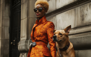 A visually impaired model walking confidently with a guide dog, dressed in elegant inclusive fashion. 