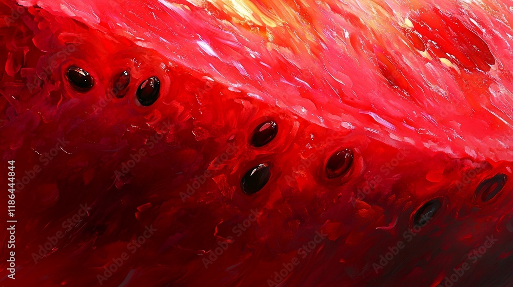 Poster abstract red artwork with dark circular elements, creating a dynamic visual effect.