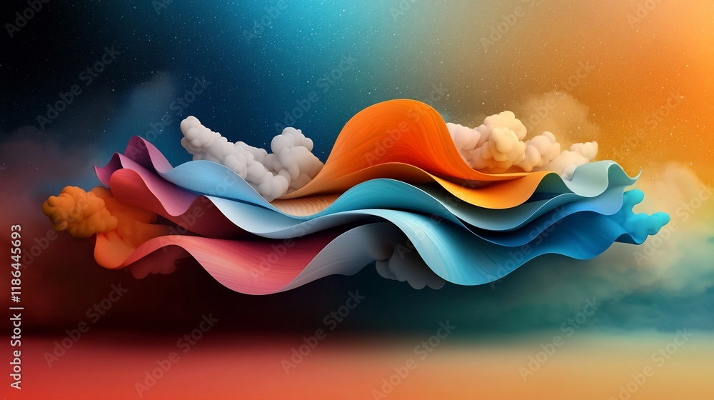 Poster enchanting abstract background design featuring wavy iridescent shapes and a shimmering prismatic te