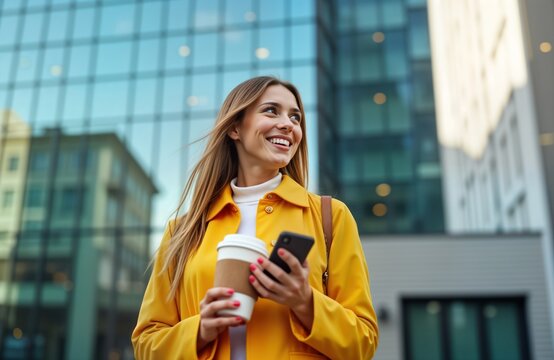 Young woman walks city street near modern office building. Smiling businesswoman uses mobile phone, holds coffee. Looks happy during daytime break. Woman likely chatting with friends online. Urban