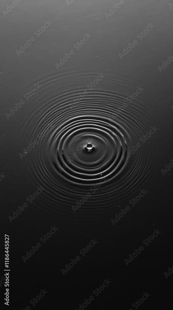 Poster single water droplet falling onto a calm, dark liquid surface, creating expanding concentric ripples