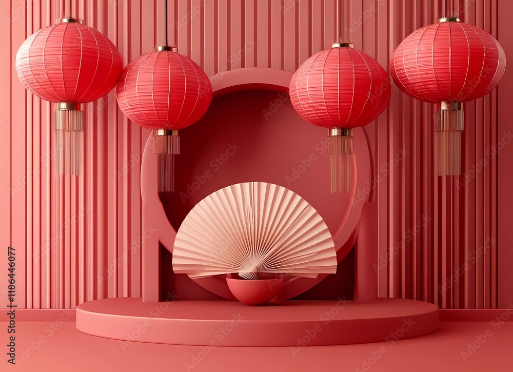 Poster 3d rendering of a chinese new year background with red lanterns and paper fans hanging on a circular
