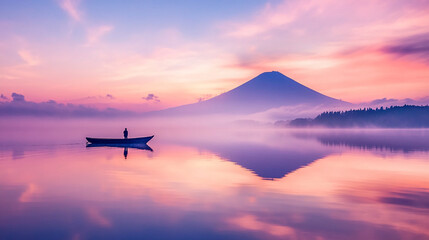 Serene sunrise view of a lone fisherman on a boat with Mount Fuji in the background