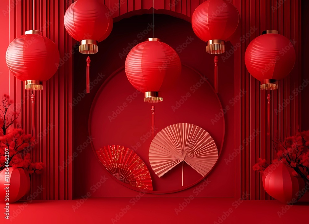 Poster 3d rendering of a chinese new year background with red lanterns and paper fans hanging on a circular