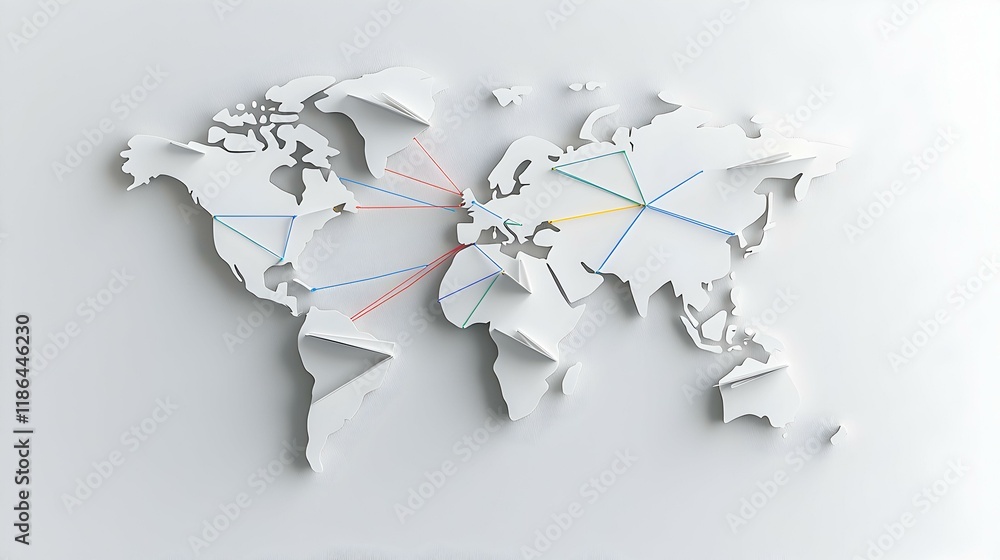 Poster global connections concept. white paper world map with colorful threads illustrating international r