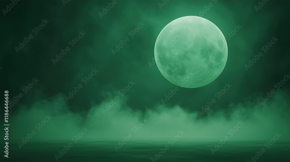Poster mysterious green planet in dark space with eerie atmosphere, surreal celestial scene for abstract co