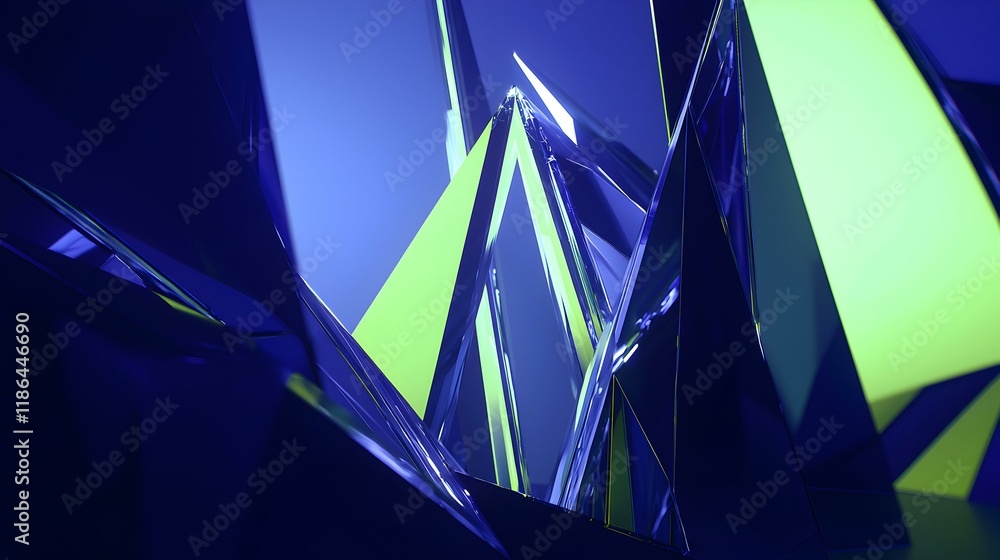 Poster abstract image of intersecting blue and green crystal shards, creating a dynamic and modern design. 