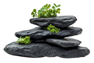Balanced black pebbles on top of each other, with green plants growing between them， isolated on transparent png or white background