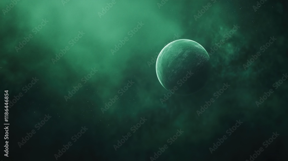 Poster mysterious green planet in space surrounded by abstract cosmic clouds and nebulas, highlighting dept