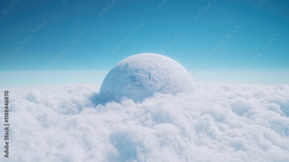 Aufkleber white spherical object emerging from fluffy clouds under a bright blue sky minimalist surreal scene 