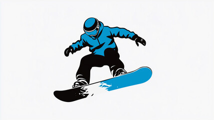snowboarder, blue and black on white background, simple flat design, no shadows. Design element for winter sports poster, advertisement. Outdoor adventure, outdoor activity during winter.