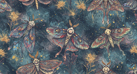 Naklejka premium Surreal and enchanting, this pattern blends cosmic moths with earthly thistles in a dreamy haze