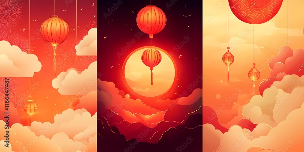 Poster 4 vertical red gradient background designs for the lunar new year, featuring lanterns and fireworks 