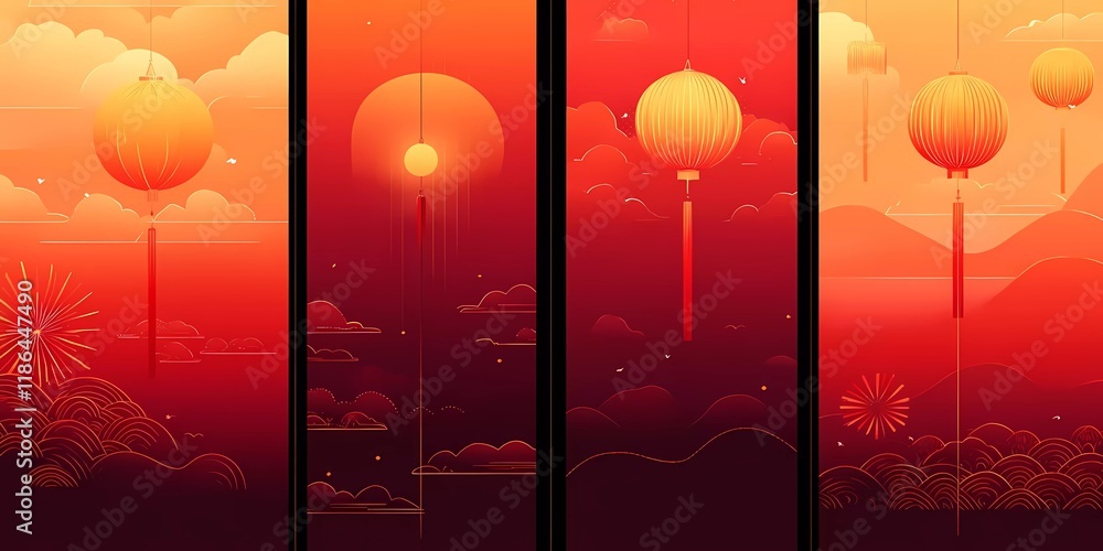 Poster 4 vertical red gradient background designs for the lunar new year, featuring lanterns and fireworks 