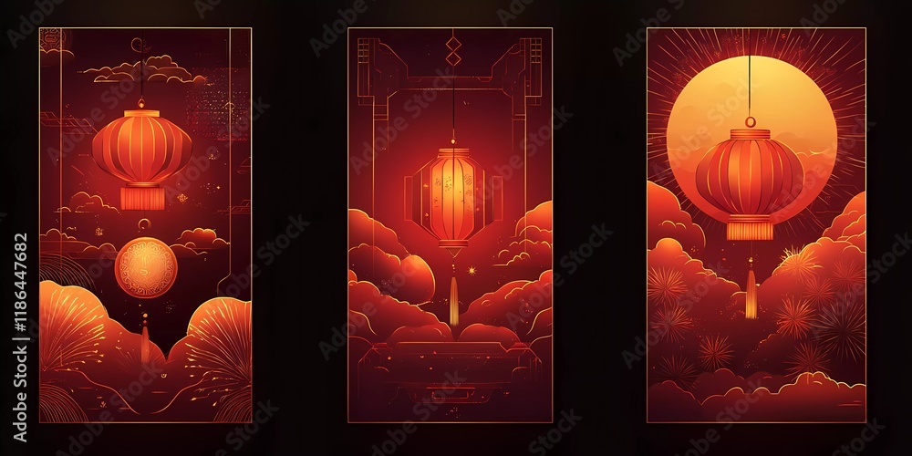 Poster 4 vertical red gradient background designs for the lunar new year, featuring lanterns and fireworks 