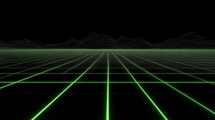 Futuristic grid landscape with glowing lines and distant mountains.