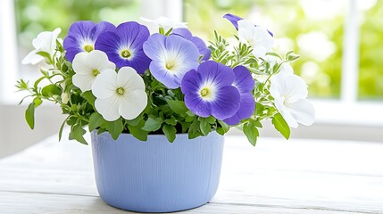 Vibrant Purple and White Flowers in Blue Pot