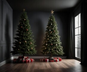A beautiful Christmas tree in a minimalist room on a dark and moody black background, christmas decorations, winter interior