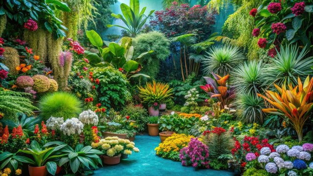 A beautiful botanical garden filled with lush greenery and vibrant flowers, with a teal background showcasing exotic plants, greenery, foliage, nature