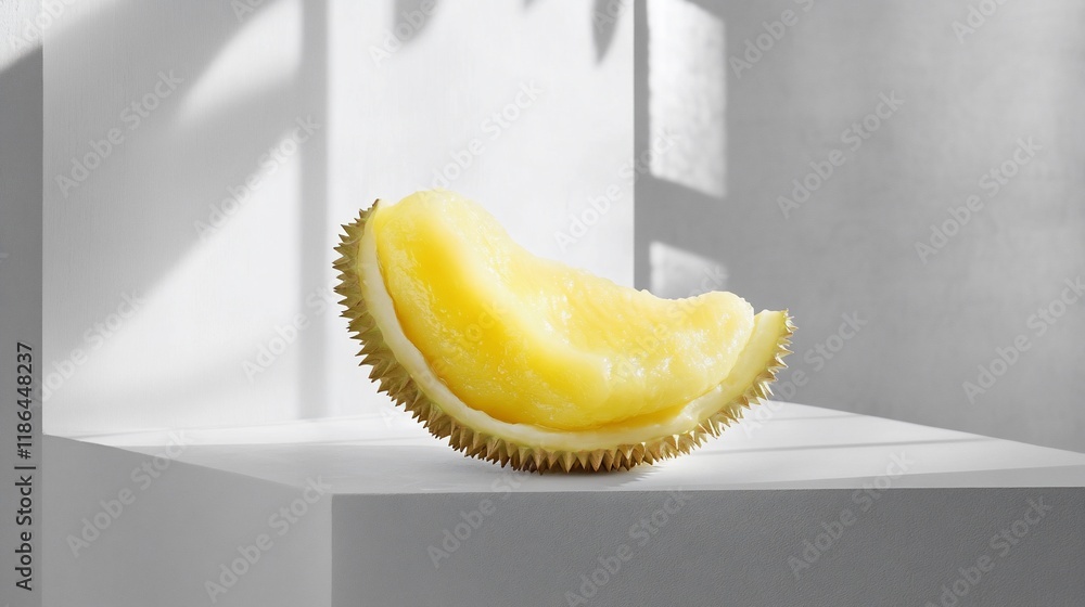 Poster a slice of durian rests on a minimalistic surface, highlighting its unique texture and color.