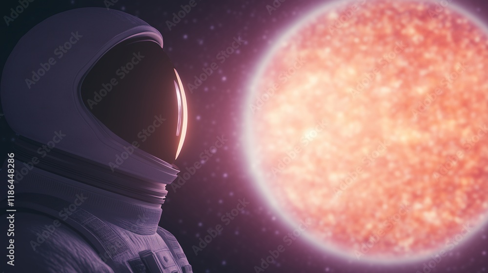 Aufkleber astronaut gazing at large cosmic illuminator in space suit with glowing celestial body for futuristi