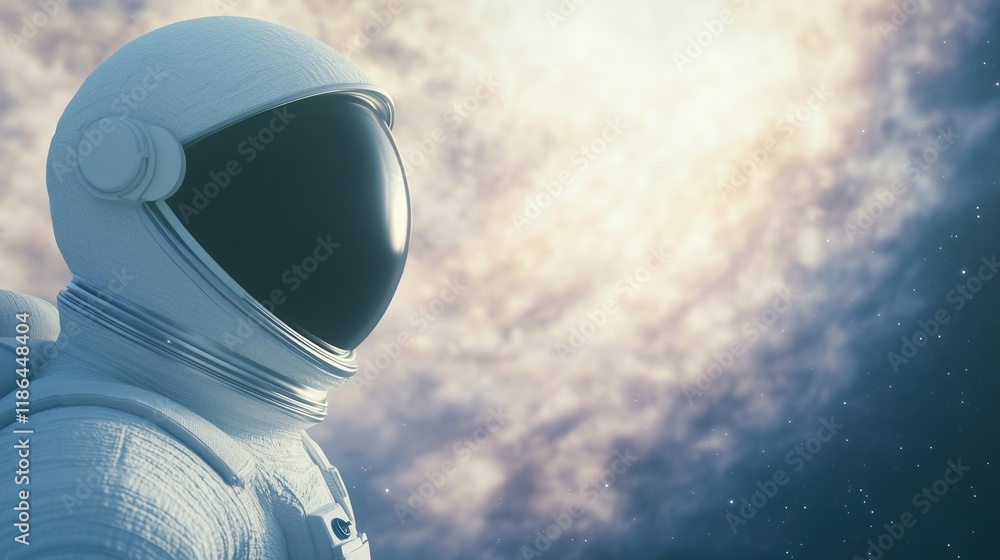 Poster astronaut gazing at illuminated space through large window in spacesuit, capturing cosmic wonders an