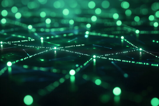  stunning 3D rendering of interconnected glowing green data points and technology lines Background