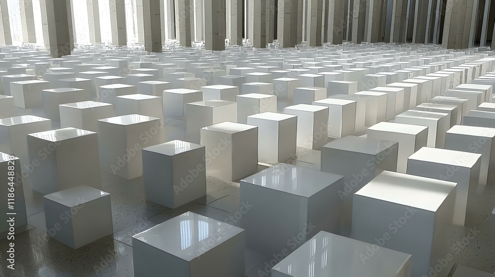 Poster abstract white cubes installation in modern architecture. geometric shapes create a minimalist desig