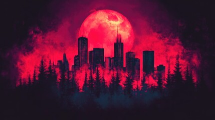 Fototapeta premium Surreal city skyline under a vibrant red moon