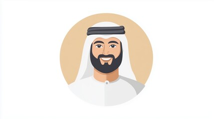 logo, vector style logo of an emirati man with white background and simple circle behind him with a neutral color palette, wearing traditional arabic , he is smiling with short beard and mustache and 