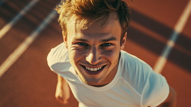 Runner's High: A young, athletic man beams with joy and exhilaration, captured from a dynamic low-angle shot on a running track, his bright smile conveying a sense of accomplishment and energy. 