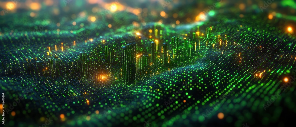 Poster digital city landscape with glowing dots and wave structures, suggesting data visualization.