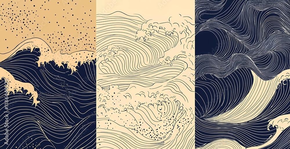 Poster abstract vector background with a traditional japanese wave pattern in a line art style. hand-drawn 
